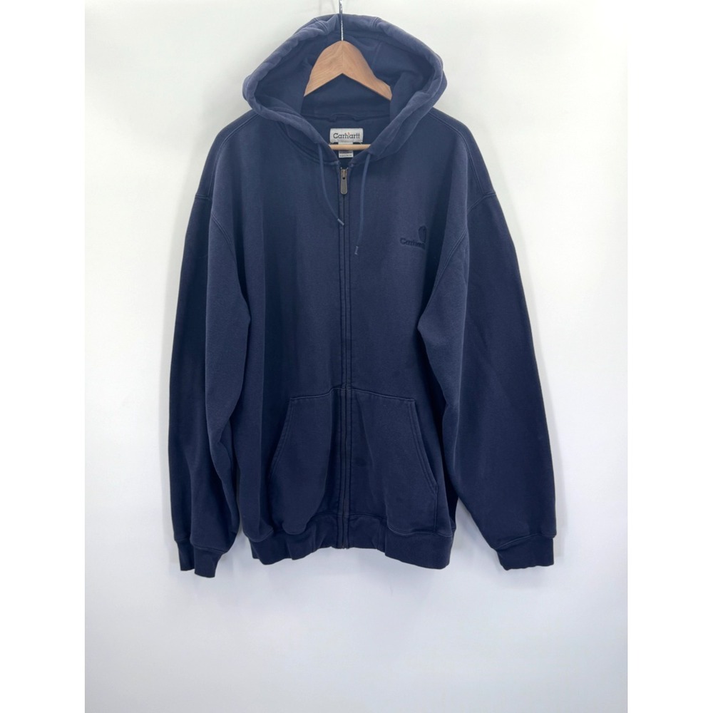 VTG Y2K Carhartt Navy Hood Full Zip Sweatshirt XL Logo Utility 90s Grunge Street